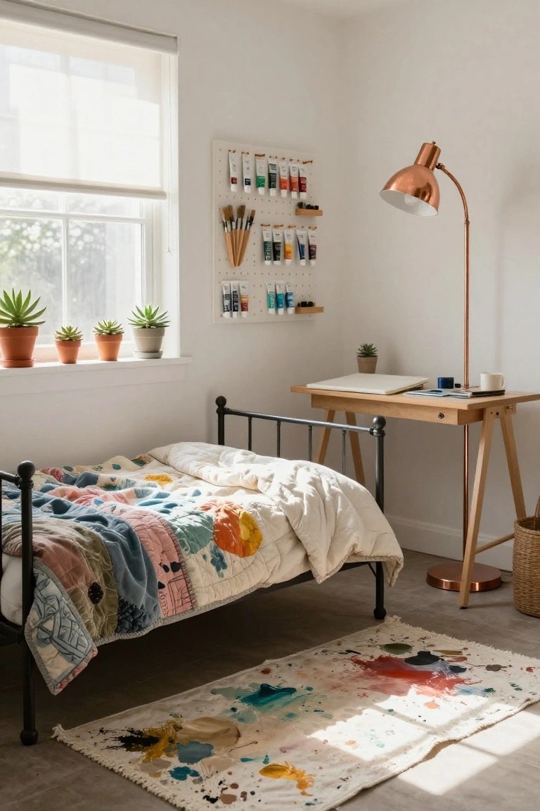 A cozy bedroom with a black metal bed covered in a colorful patchwork quilt, wooden desk, wall rack holding paint tubes and brushes, potted succulents on the windowsill, copper floor lamp, and paint-splattered rug.