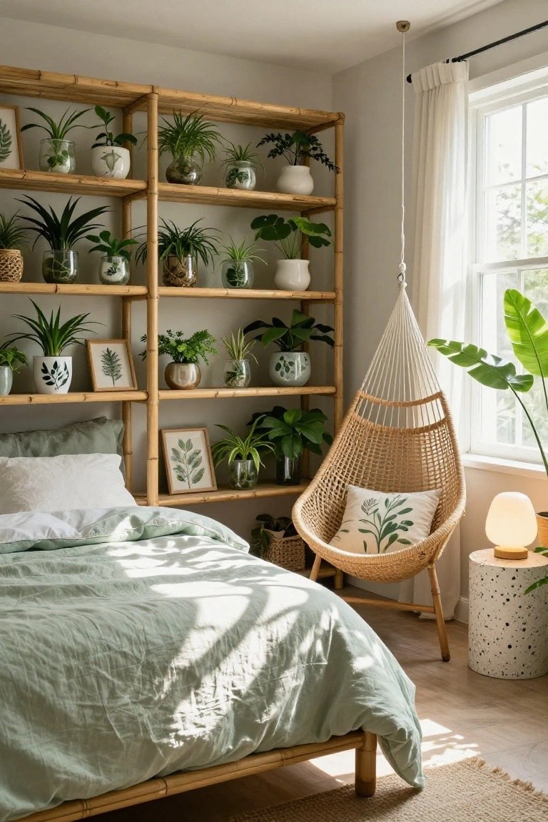A bedroom with tall bamboo shelving units on the wall holding numerous potted houseplants in various containers, a low bed with light green linens in front, a rattan hanging chair by a window, and a speckled side table nearby.