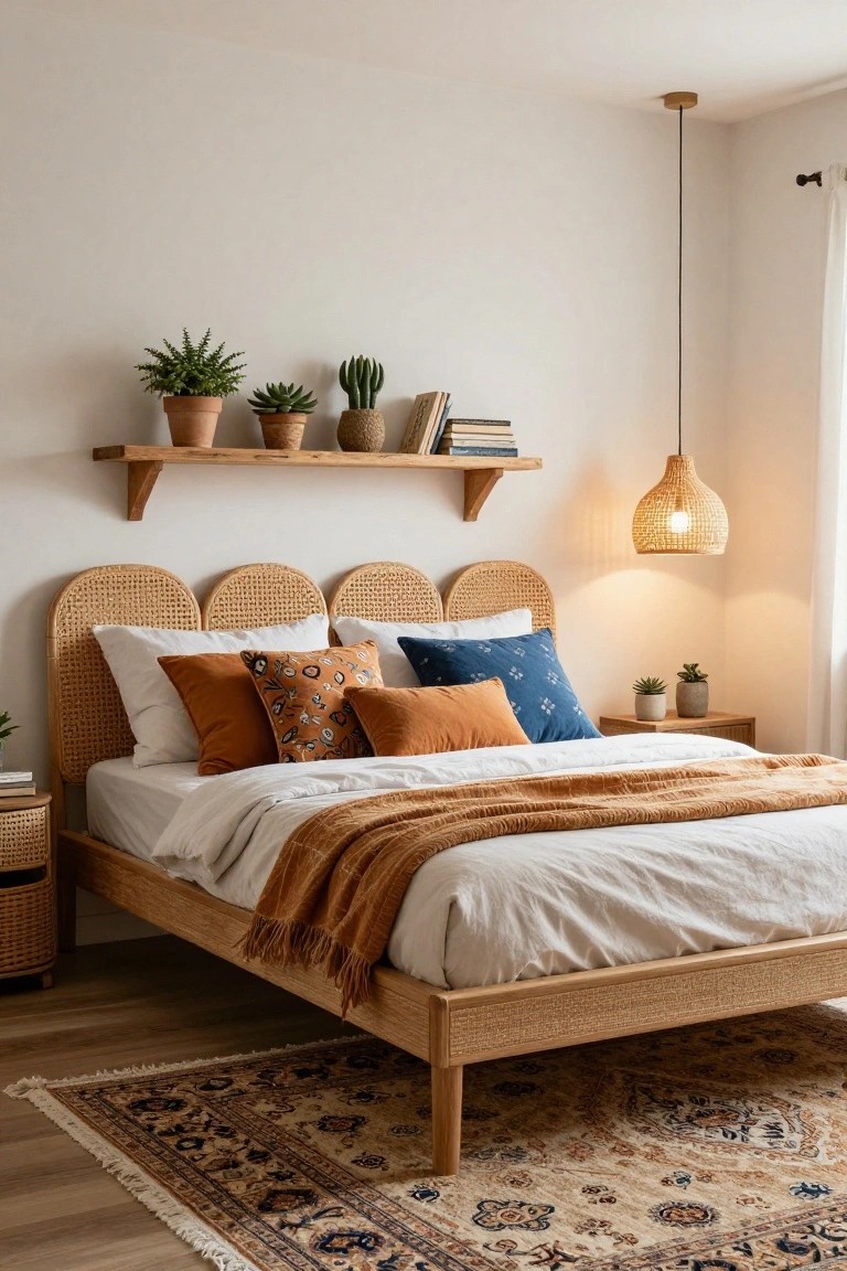 Bedroom with wooden bed frame and curved rattan headboard, white sheets and orange throw blanket, patterned pillows, wooden shelves holding potted plants above bed, rattan pendant lamp, side tables with plants, and patterned rug on wood floor.