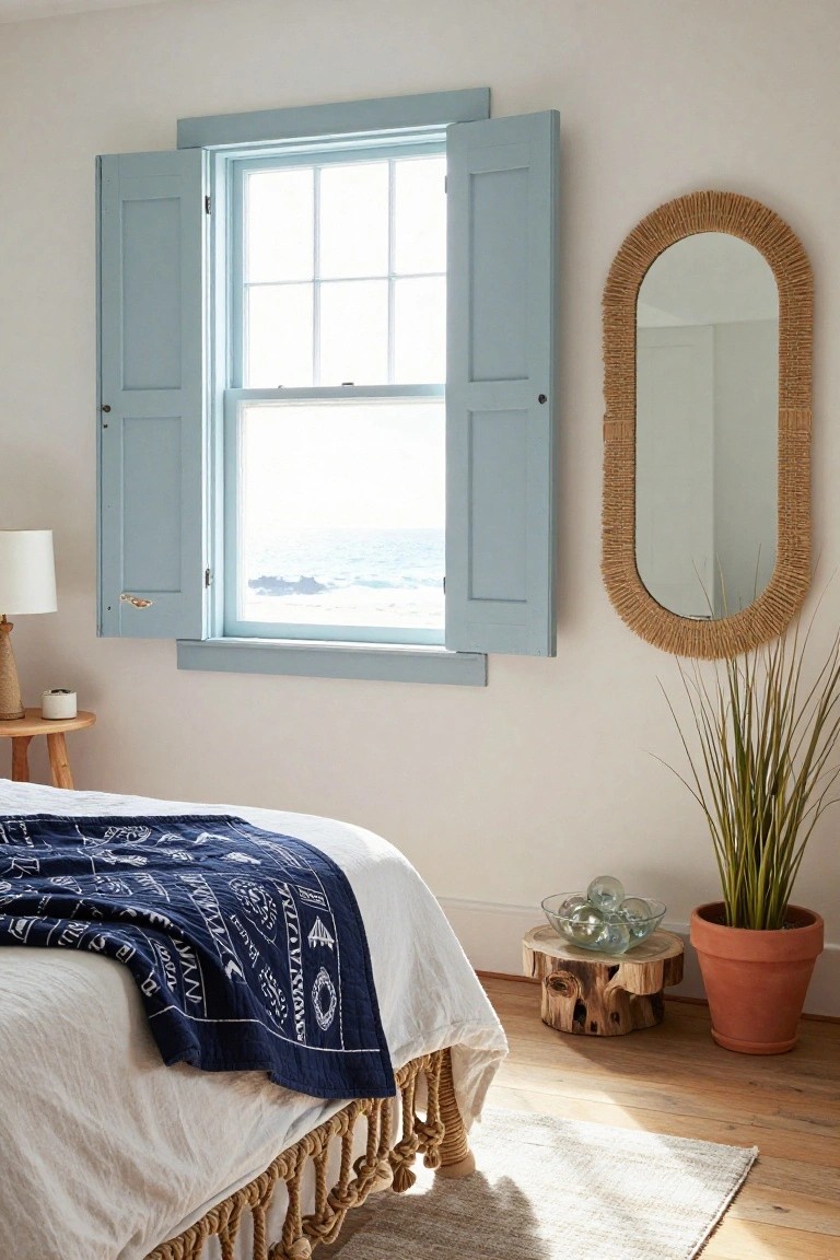 Bedroom corner with open light blue shutters on a window overlooking the ocean, tall oval woven rattan mirror on white wall, pampas grass in terracotta pot on floor, stump table holding glass orbs in bowl, and bed edge with navy patterned quilt and white rope-trimmed skirt.