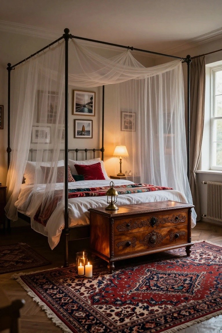Bedroom interior with black wrought-iron four-poster bed draped in white sheer fabric, white bedding with red and patterned blankets and pillows, brass lamp, wooden carved chest, red Persian-style rug, and framed photos on cream walls.