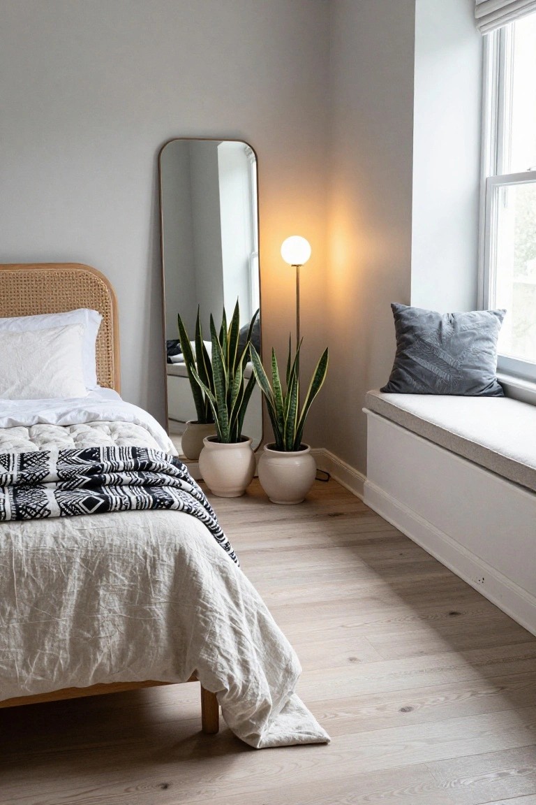 Light gray bedroom corner with rattan headboard bed draped in white linens and black patterned quilt, two tall snake plants in white pots, gold arched mirror, white orb floor lamp, and white window seat with gray pillow on blonde wood floors.