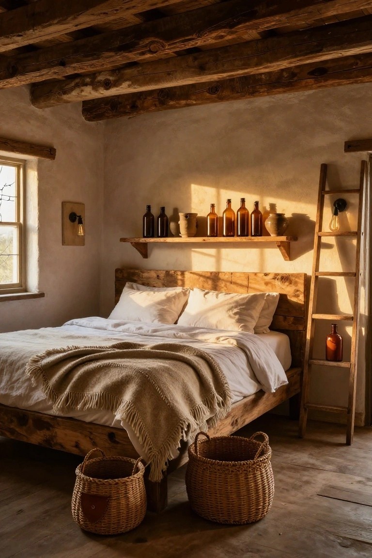 Rustic bedroom with exposed wooden ceiling beams, wooden platform bed with white linens and beige throw, leaning wooden ladder shelf holding a lamp and glass bottle, wall shelves with amber glass bottles, two wicker baskets on earthen floor.