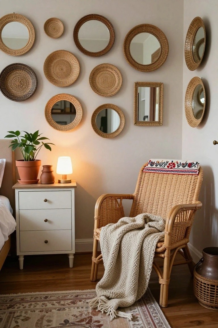 Corner of a light bedroom with a beige wall covered in assorted round woven baskets and mirrors of varying sizes, beside a white nightstand holding a plant, lamp, and vase, a rattan armchair with cream throw blanket, terracotta pots, and a patterned rug on wood floor.