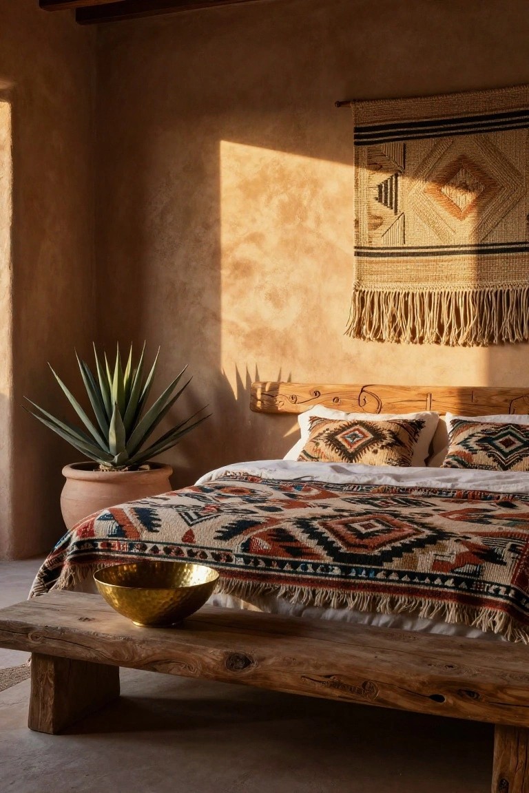Bedroom interior featuring a low wooden bed with white sheets topped by a multicolored geometric woven blanket and matching pillows, a terracotta pot with agave plant nearby, a hammered gold bowl on a wooden bench, and a large woven wall hanging on textured beige walls with warm sunlight.