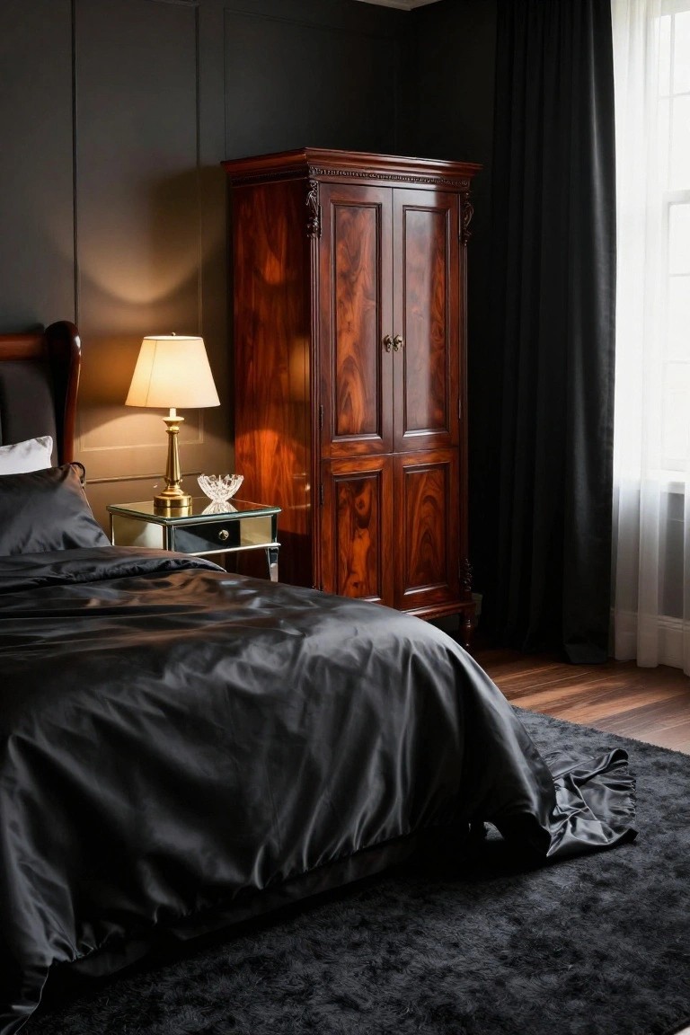 Bedroom corner showing a tall carved cherry wood armoire next to a black satin bed, brass lamp on mirrored nightstand, dark paneled walls, black rug, and window with black drapes.
