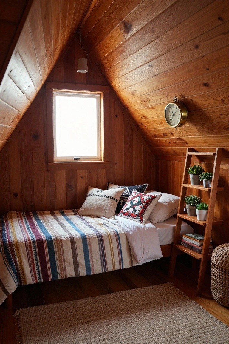 Small attic bedroom with cherry wood paneling on walls and sloped ceiling, bed with striped quilt and pillows, ladder shelf holding plants and books, wall clock, window, and woven basket on wood floor.