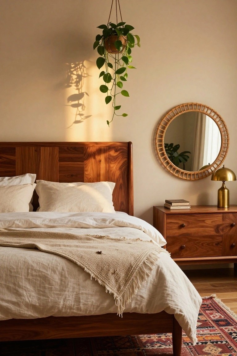 Bedroom with wooden bed frame and headboard, white linen bedding and pillows, wooden dresser with books, rattan mirror, brass lamp, hanging plant, and patterned rug on wood floor.