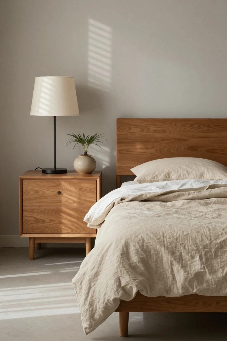 Bedroom interior with light-toned cherry wood bed frame and matching nightstand, beige linen bedding, black metal table lamp, potted plant in ceramic vase, beige walls, light wood floor, and sunlight through window blinds.