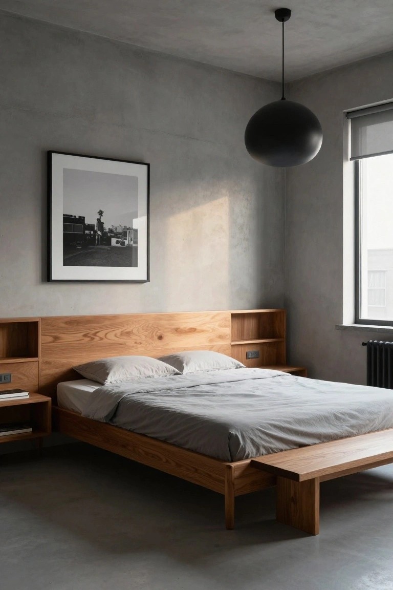 Minimalist bedroom interior with a wooden platform bed featuring integrated headboard shelves and a foot bench, gray concrete walls, black pendant light, and a large window with roller blind.