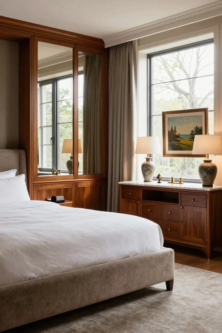 Bedroom interior with tall cherry wood wardrobes featuring mirrored doors on one side, a low-profile upholstered bed with white sheets, wooden dresser and nightstand, table lamps, and a window with beige curtains.