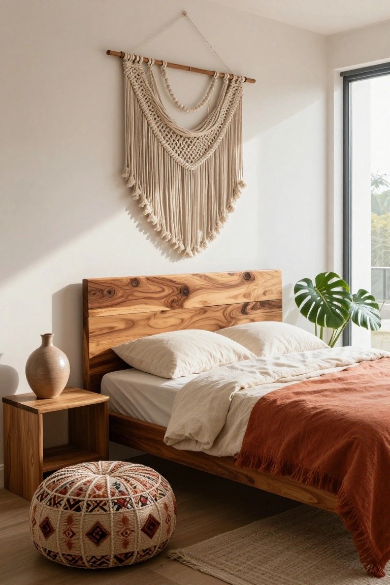 Bedroom with low wooden headboard bed on platform frame, white pillows and sheets topped by rust throw, wooden nightstand holding beige vase, monstera plant in pot, macrame wall hanging, and patterned round pouf stool on wood floor beside large window.