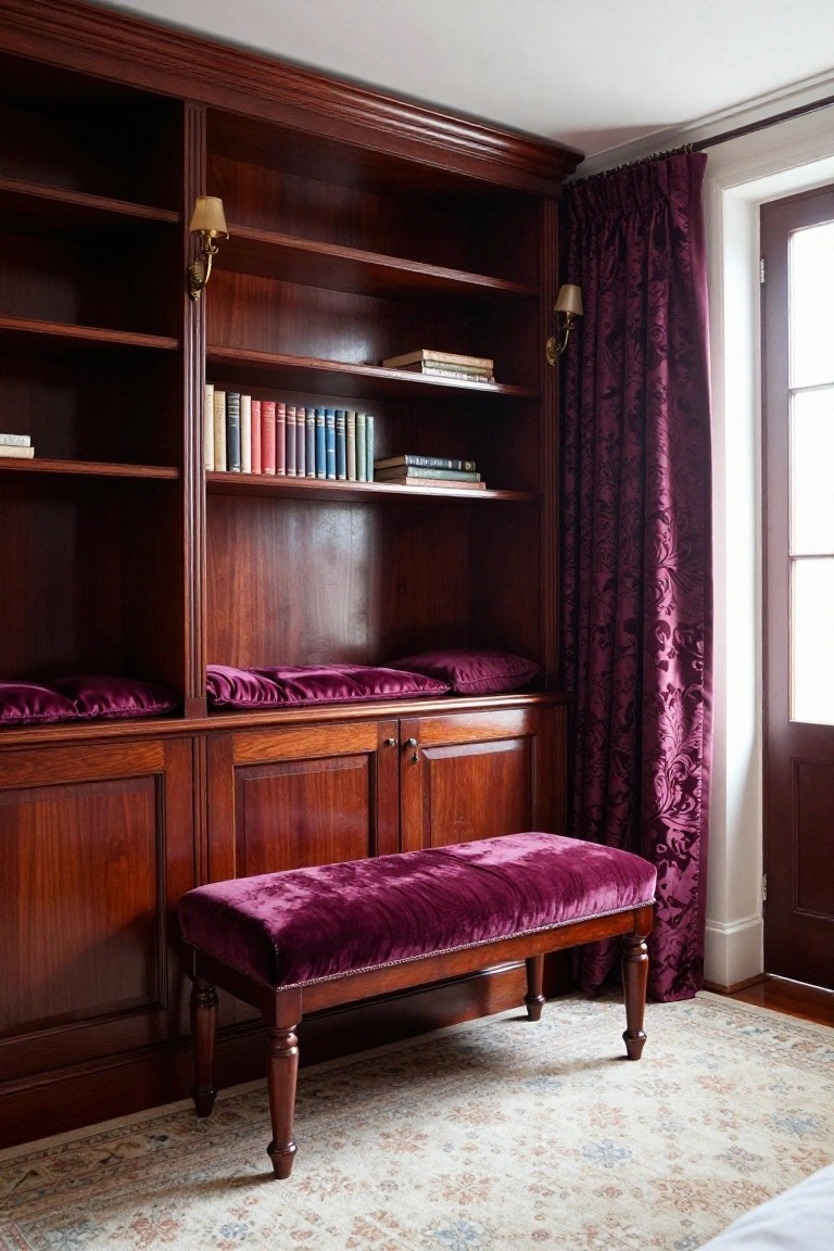 Corner built-in bookshelves in dark wood with colorful books on shelves, purple velvet pillows on lower ledges, purple velvet bench on floor, purple drapes on window and door, and beige rug.