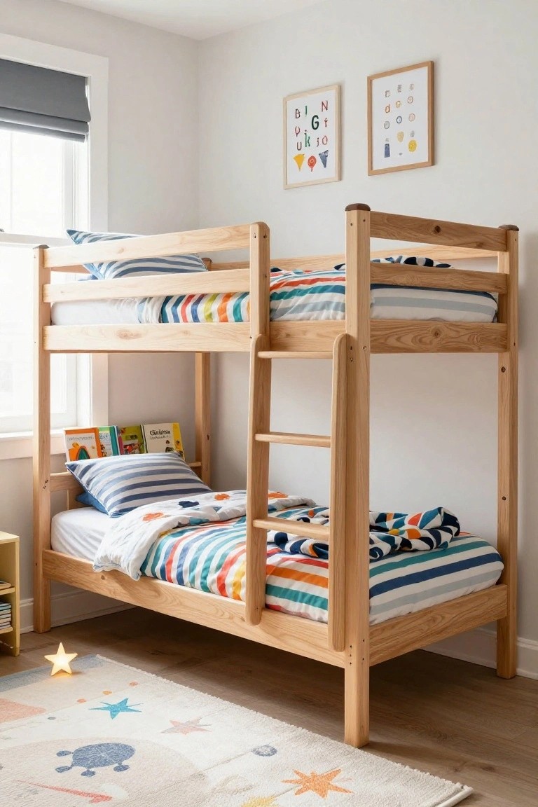 Wooden bunk bed with colorful striped bedding on both levels in a light children's bedroom with alphabet posters on walls, books on lower shelf, and space-themed rug on floor.
