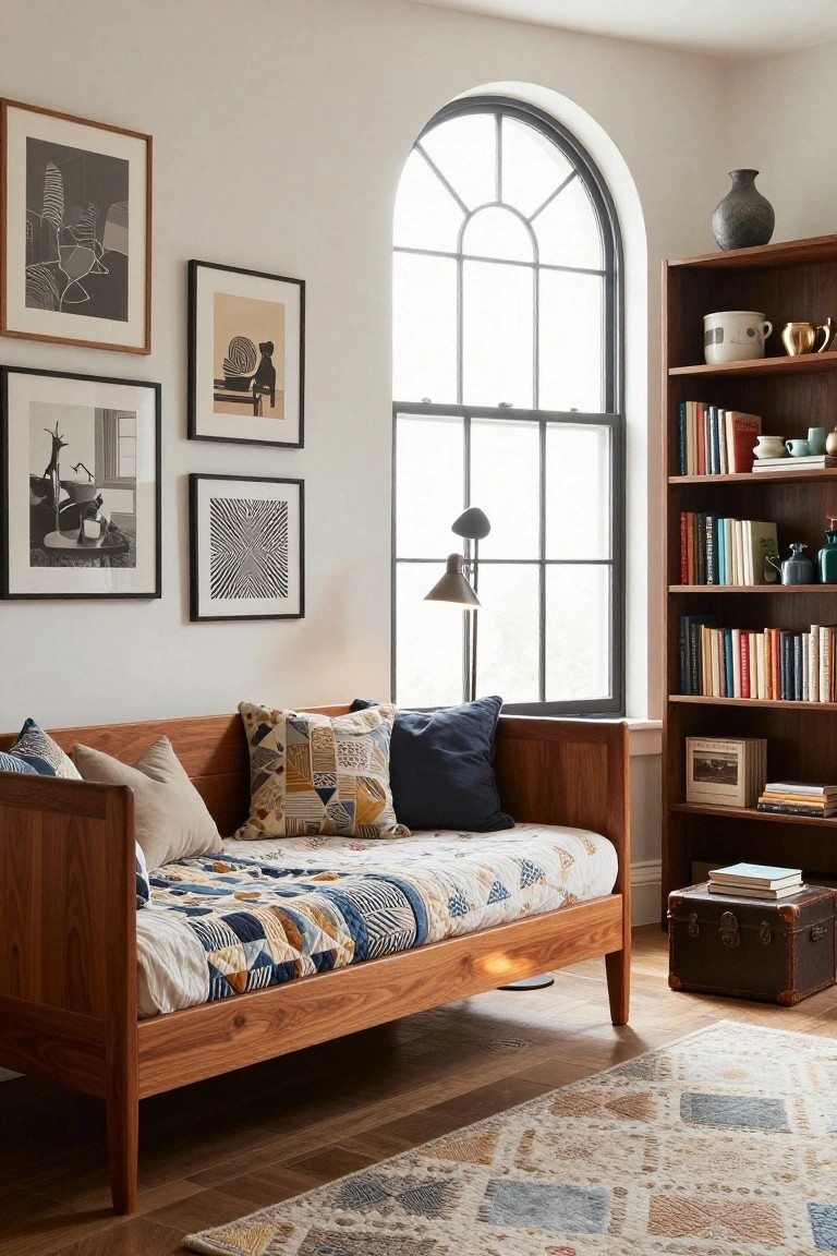 Wooden daybed with blue and white quilted bedding and assorted pillows in a light room with bookshelves, framed artwork on walls, arched window, and floor lamp.