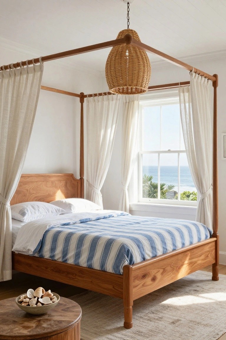Bedroom interior with a brown wood four-poster bed draped in white curtains, blue and white striped bedding, woven rattan pendant light overhead, round wood side table holding seashells in a bowl, and large window overlooking ocean and beach.