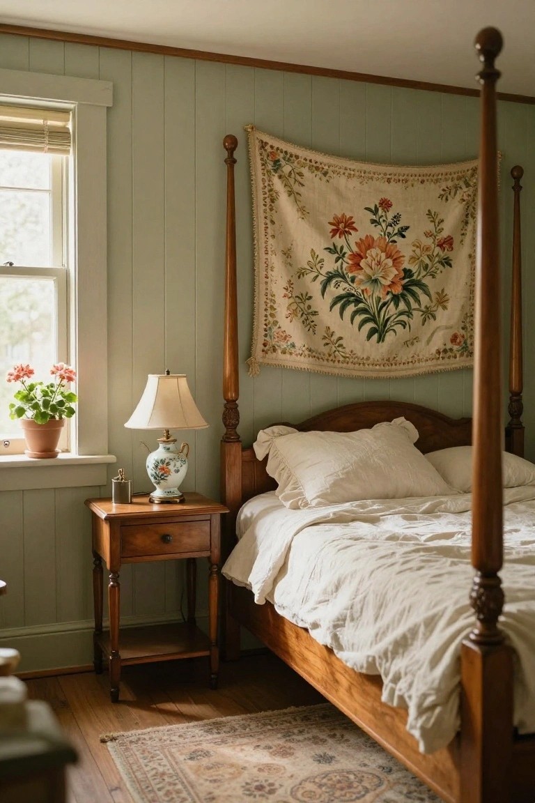 Bedroom interior with a wooden four-poster bed draped in a beige floral tapestry, white linens on the bed, wooden nightstand holding a lamp and vase, geraniums in a pot by the window, and light green paneled walls.