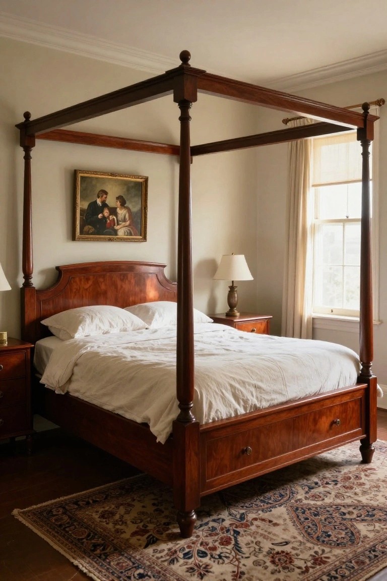 A bedroom with a tall four-poster bed in reddish-brown wood, white bedding, matching wooden nightstands, a table lamp, a framed portrait painting on the wall, sheer curtains over a window, and a patterned rug on the hardwood floor.