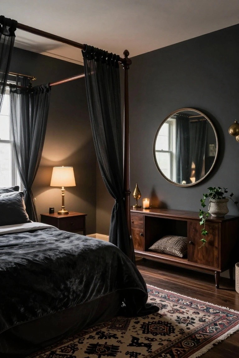 Bedroom with charcoal gray walls, black four-poster bed with sheer curtains, wooden nightstand holding brass lamp, wooden dresser with plant, round mirror, and Persian rug on hardwood floor.