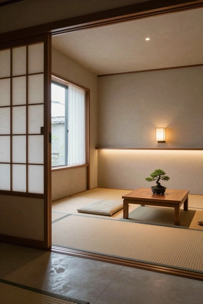 Tatami-floored Japanese-style room with open shoji screen doors, low square wooden table holding a bonsai tree, folded futon mat, wall light, and soft indirect lighting.