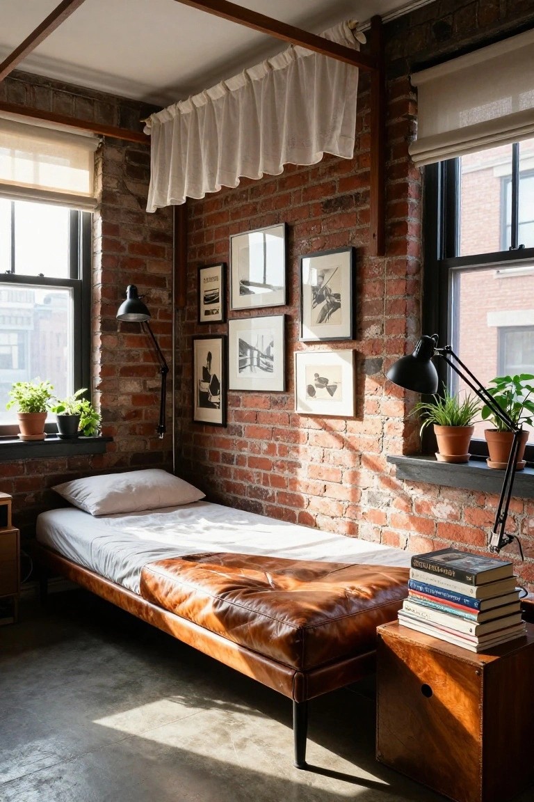 Loft-style bedroom with exposed red brick walls, low tan leather daybed with white sheets, warm wood nightstand holding stacked books, potted plants on deep windowsills, and black adjustable lamps.