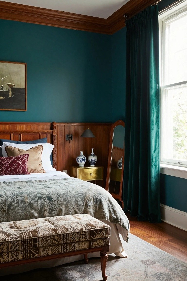 Cozy bedroom with teal walls, wooden bed, green curtains, and patterned textiles.
