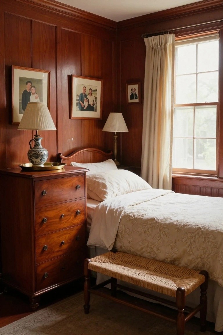 Bedroom corner with dark cherry wood paneling on walls, wooden bed with white quilted bedding, matching low dresser topped with brass tray and blue-white porcelain lamp, two bedside lamps, and framed family photos.