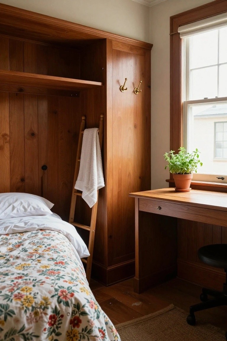 Wood-paneled bedroom corner with a made bed covered in floral quilt, wooden ladder holding a white towel, wooden desk with drawer, black chair, potted herb plant on windowsill, and natural light from double-hung window.