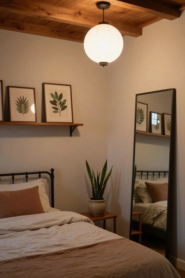 Bedroom corner featuring exposed wooden beam ceiling, paper lantern pendant light, wooden shelves with botanical prints, full-length black-framed mirror, black metal bed with beige pillows and linens, wooden side table, and potted snake plant.
