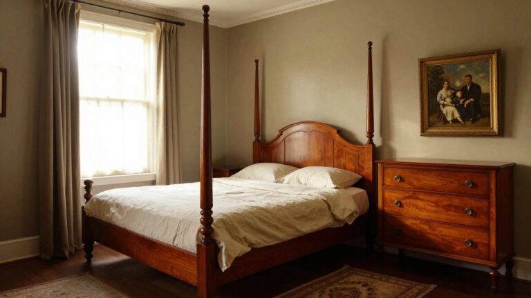A bedroom with a tall four-poster bed in reddish-brown wood, white bedding, matching wooden nightstands, a table lamp, a framed portrait painting on the wall, sheer curtains over a window, and a patterned rug on the hardwood floor.