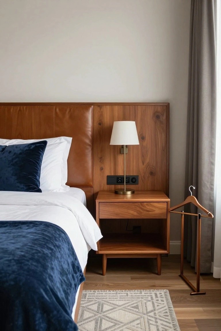 Bedroom with brown leather-upholstered headboard framed in cherry wood, matching cherry wood nightstand holding a white lamp, blue velvet pillows and white sheets on bed, wooden valet stand, gray curtains, and light wood floor.