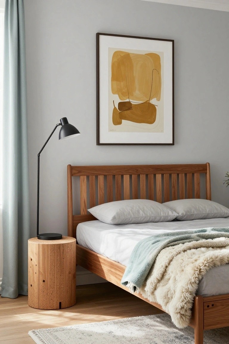 Gray bedroom with light oak slatted headboard bed, white sheets, teal knit throw, cream fur blanket, black adjustable lamp on cork stump nightstand, abstract ochre artwork, blue curtain, and light wood floor.
