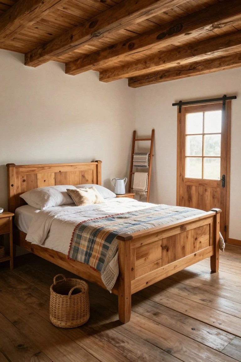 Cozy bedroom with exposed wooden beam ceiling, wooden bed frame draped in plaid quilt and white linens, ladder holding folded blankets and towels, wooden nightstand, wicker basket on floor, and sliding wooden door with window.
