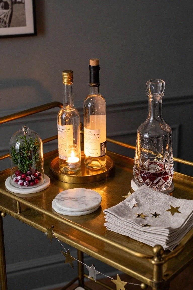 Gold bar cart on wheels holding two glass bottles of liqueur and wine, a crystal decanter with red liquid, candles on gold trays, a glass dome with rosemary and cranberries, white marble coasters, stacked linen napkins with gold stars, and gold star garland, set against a dark wall with a black and white photo.