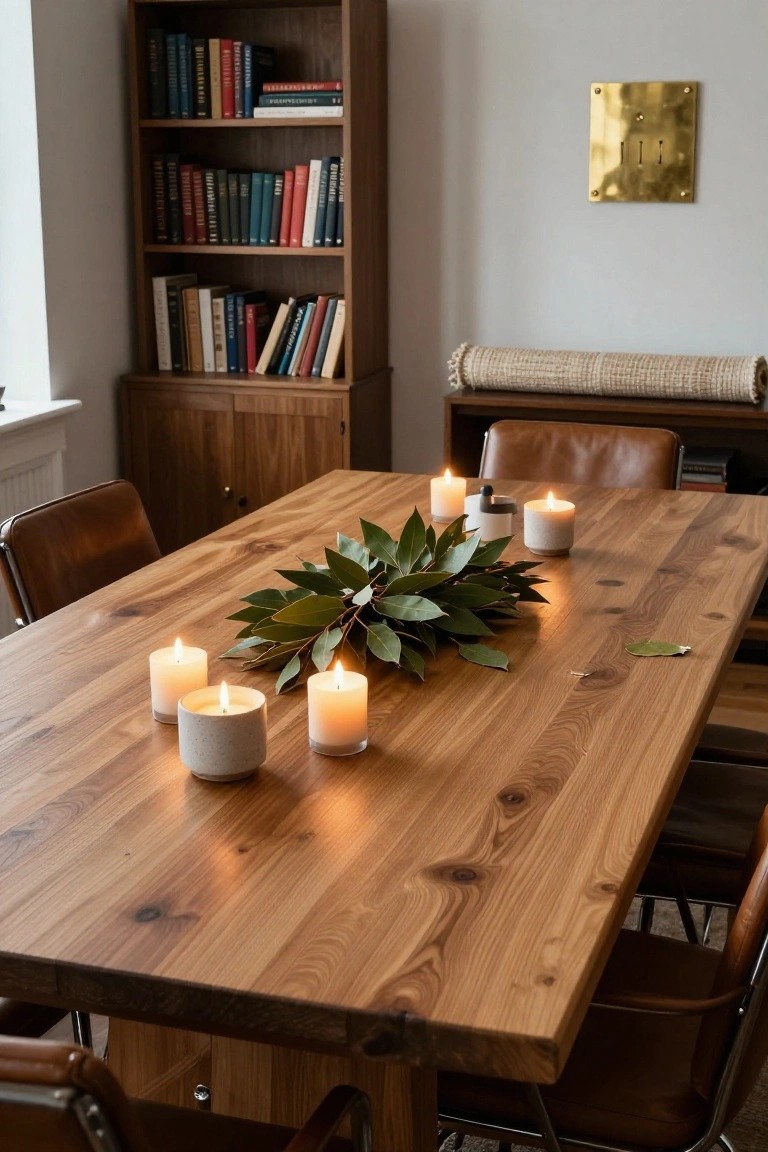 Wooden dining table topped with green bay leaves arranged in a wreath shape around several lit white pillar candles, flanked by leather chairs in a room with bookshelves and a rug.