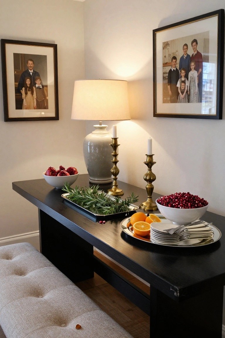 Corner view of a beige-walled room with a black console table holding Christmas decor including brass candelabras with lit candles, white bowls of red pomegranates and cranberries, a platter of oranges and stacked white plates with silverware, rosemary garland, and a large gray vase nearby; a beige tufted bench sits beside the table, with family photos and a table lamp on walls.
