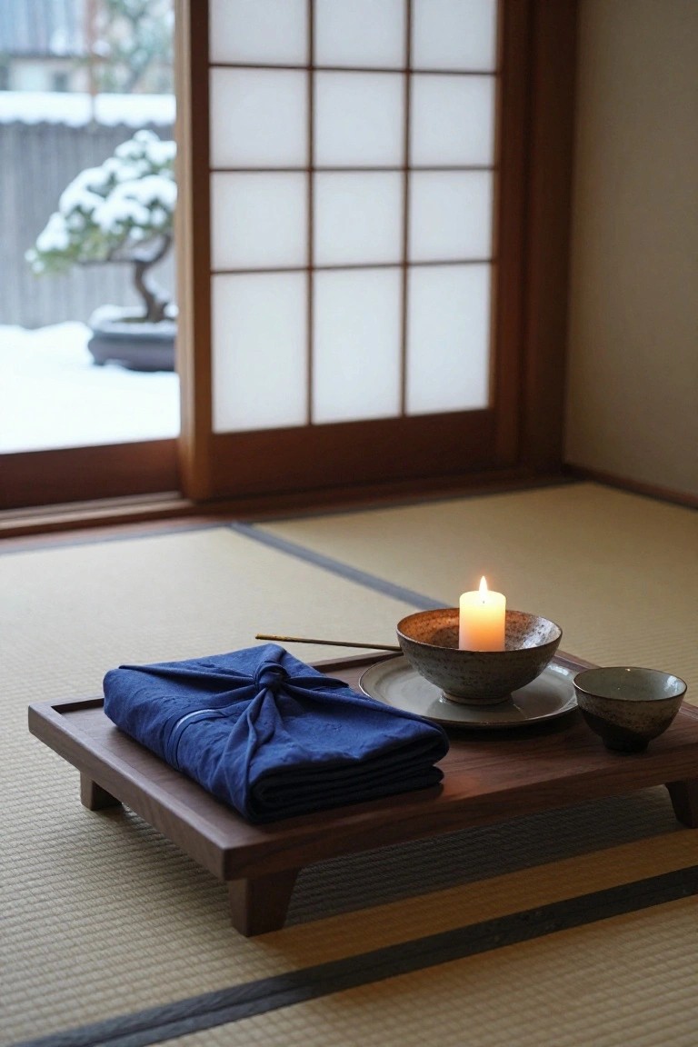 Wooden tray on tatami floor holding blue furoshiki-wrapped cloth, candle in textured bowl, chopsticks, and small ceramic bowls, next to shoji screen doors showing snowy bonsai tree outside.
