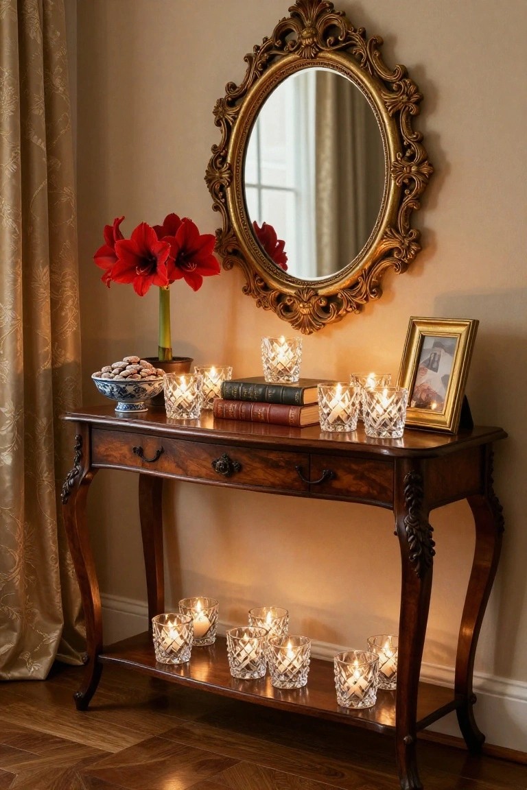 Ornate wooden console table in room corner holding lit cut-crystal glasses with candles on top and bottom shelves, antique books, blue-and-white bowl of cookies, red amaryllis in vase, and gold-framed picture beside large gold ornate mirror.