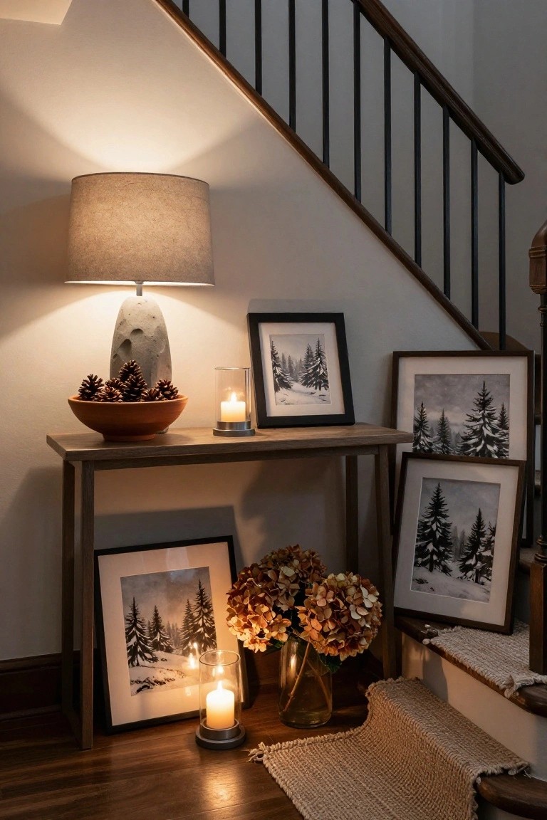 Console table beside wooden stairs holds a textured lamp, pinecone-filled bowl, glass candles, and black-and-white framed snowy tree photos, with dried orange hydrangeas in a vase nearby.