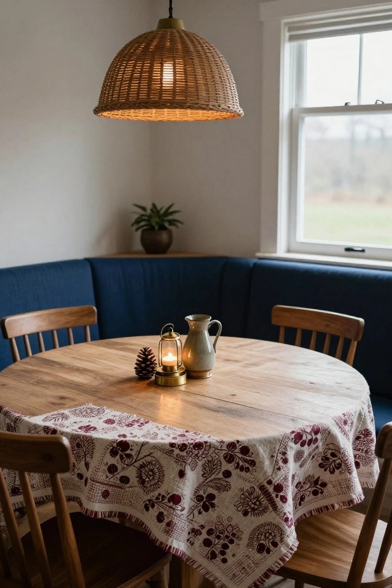 Round wooden dining table in a corner booth with blue cushions, covered by a red and white floral tablecloth, centered with a brass lantern, lit candle in a gray jug, and pine cone, under a woven pendant lamp, next to a window and potted plant.