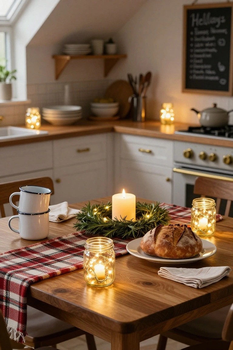 Wooden dining table in a cozy kitchen set for Christmas dinner with plaid runner, rosemary wreath around a candle, sliced bread on a plate, mason jars with fairy lights, and stacked white mugs.