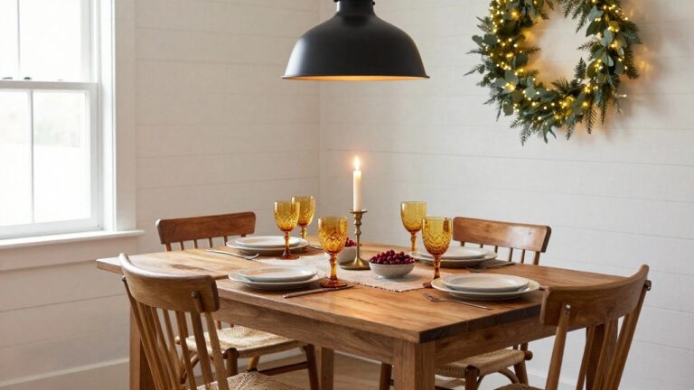 23 Christmas Table Lighting Ideas That Transform the Whole Room Dining room with white shiplap walls, wooden table set for Christmas with white plates, amber glassware, eucalyptus garland strung with fairy lights, cranberry bowls, candles in brass holders, rattan chairs, and black metal pendant light overhead.