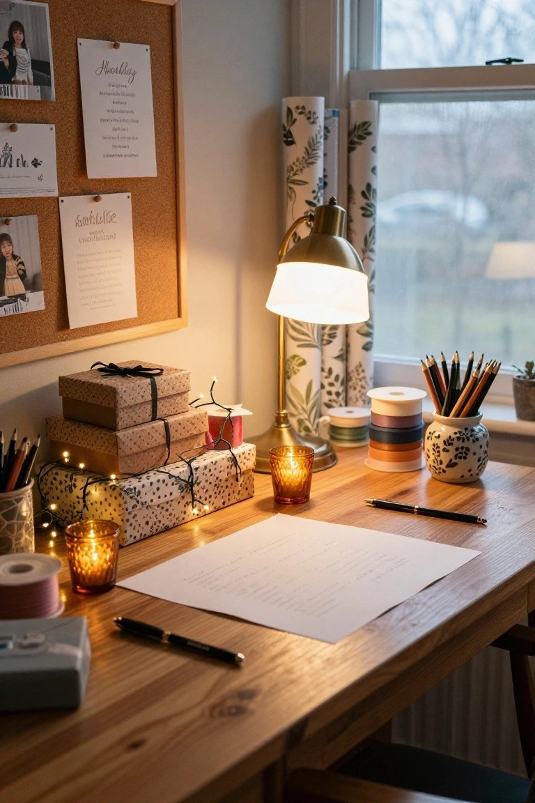 Wooden desk with stacked wrapped gift boxes draped in fairy lights, lit candles, pens, blank paper, and a desk lamp in a room with corkboard and window.