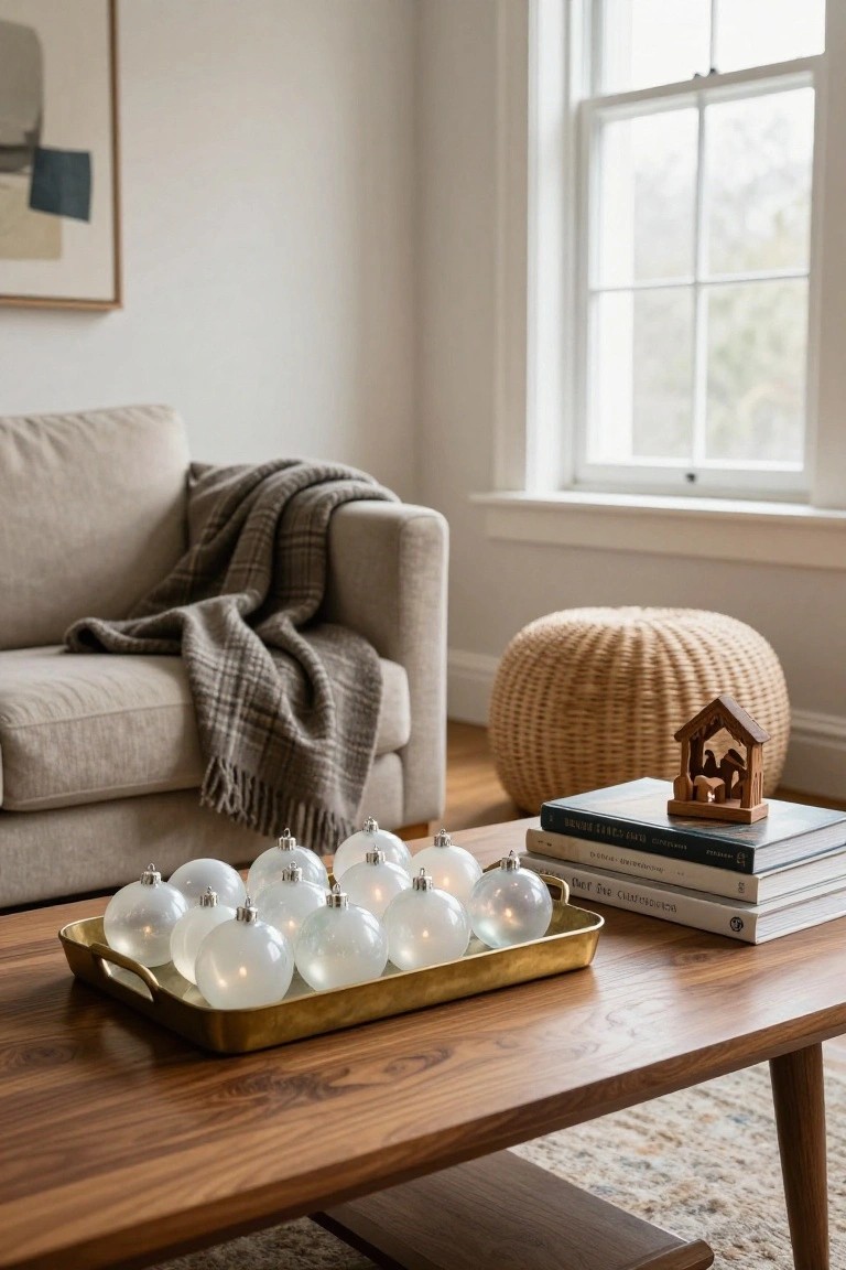 A gold tray on a wooden coffee table holds multiple lit white glass Christmas ornaments, with books and a wooden nativity scene nearby, in a light-filled living room featuring a beige sofa and wicker stool.