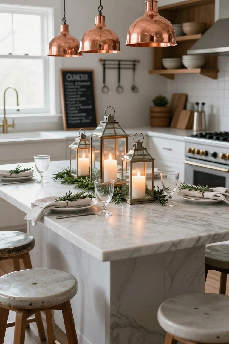Kitchen island with multiple brass lanterns containing lit pillar candles clustered along a rosemary garland runner, flanked by white plates, linen napkins with rosemary accents, wine glasses, and copper pendant lights overhead on a white marble countertop.