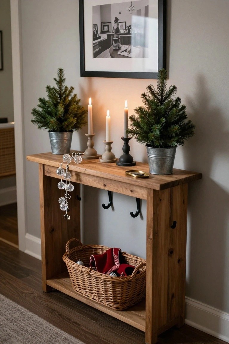 Wooden console table in a light gray hallway holding two small potted Christmas trees in metal buckets, several lit white candles on candlesticks, hanging clear glass ball ornaments, a small gold dish, metal hooks, and a wicker basket with red stockings and ornaments.