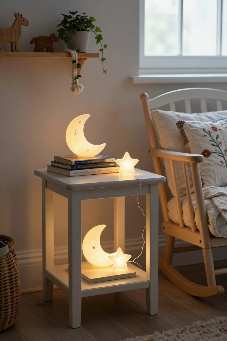 White nightstand in a nursery with stacked books, large moon-shaped lamp on top, small star lamp next to it, and a lower shelf holding another moon and star light, beside a wooden rocking chair.
