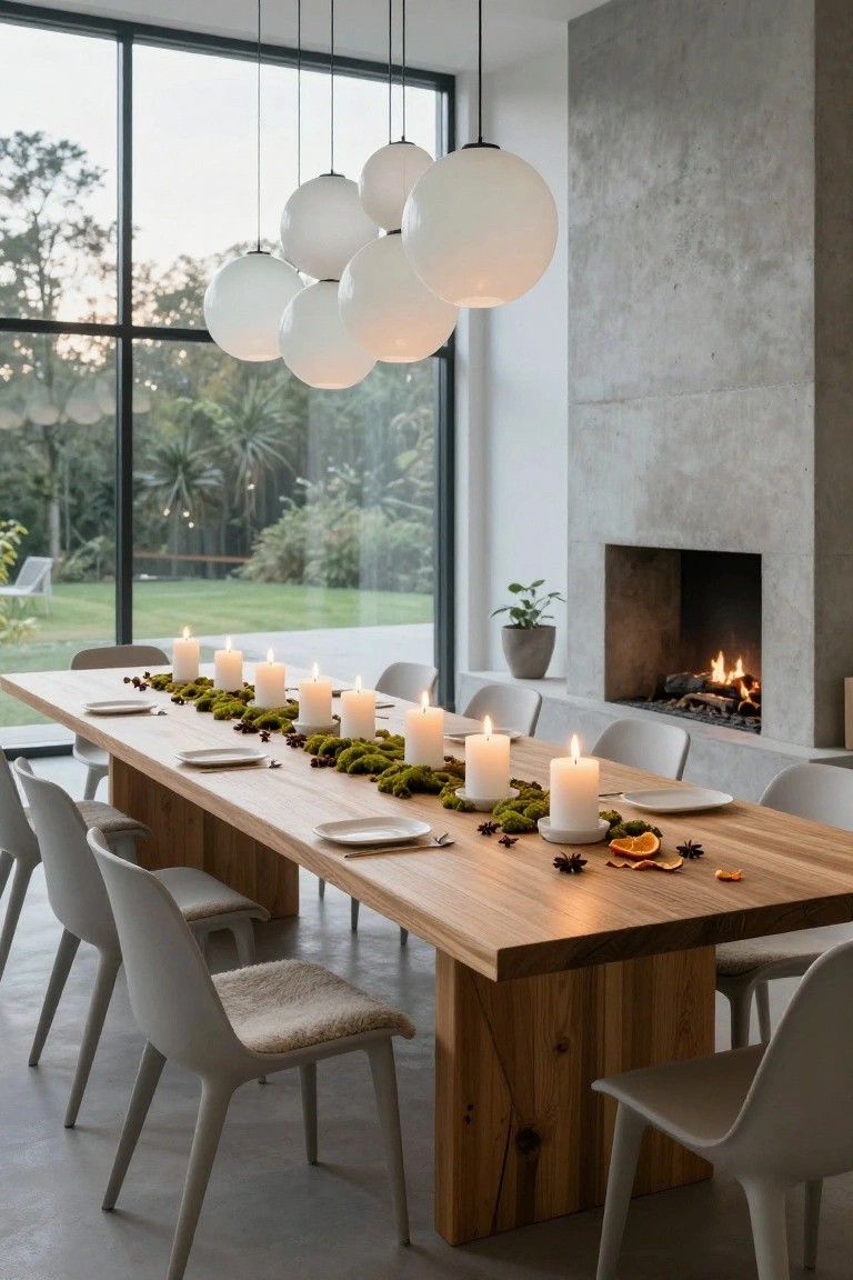 Long wooden dining table in a modern room with a moss runner centerpiece lined with multiple white pillar candles, flanked by white chairs, pendant globe lights above, large windows showing greenery outside, and a lit fireplace against a concrete wall.