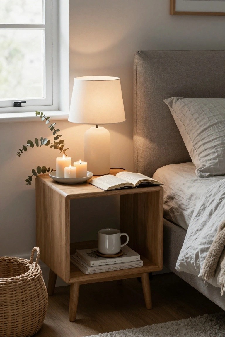 Wooden nightstand beside a bed with gray headboard and white linens, topped by a white ceramic lamp, three lit white pillar candles on a white plate with eucalyptus branches, open book, white mug, and stacked books, wicker basket on floor.