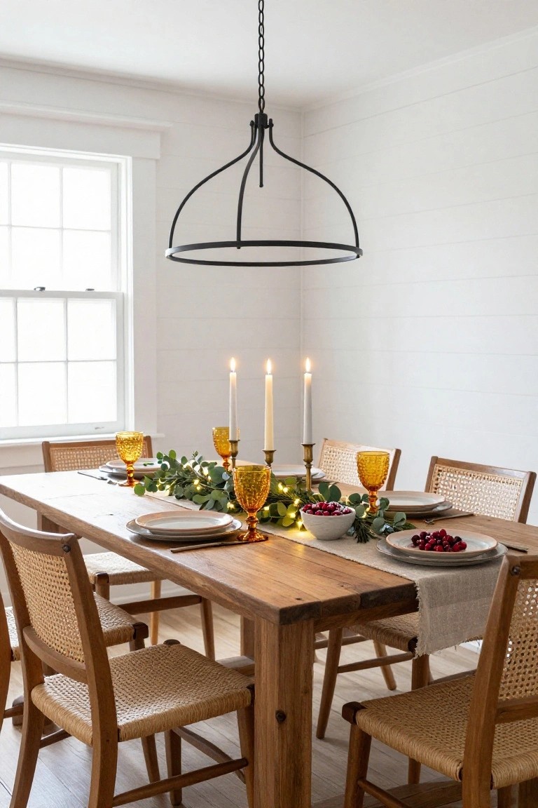 Dining room with white shiplap walls, wooden table set for Christmas with white plates, amber glassware, eucalyptus garland strung with fairy lights, cranberry bowls, candles in brass holders, rattan chairs, and black metal pendant light overhead.